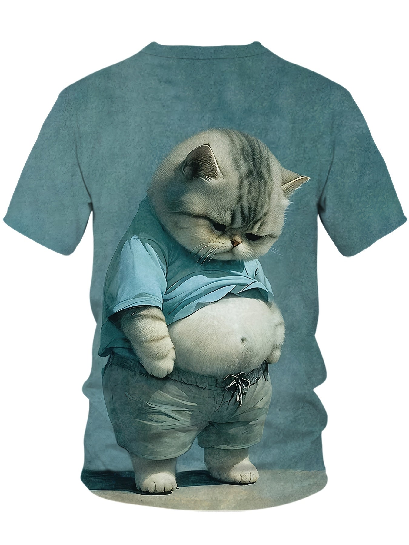 Men's Casual Round Neck T-Shirt with Chubby Cat Print, Short Sleeve, Polyester