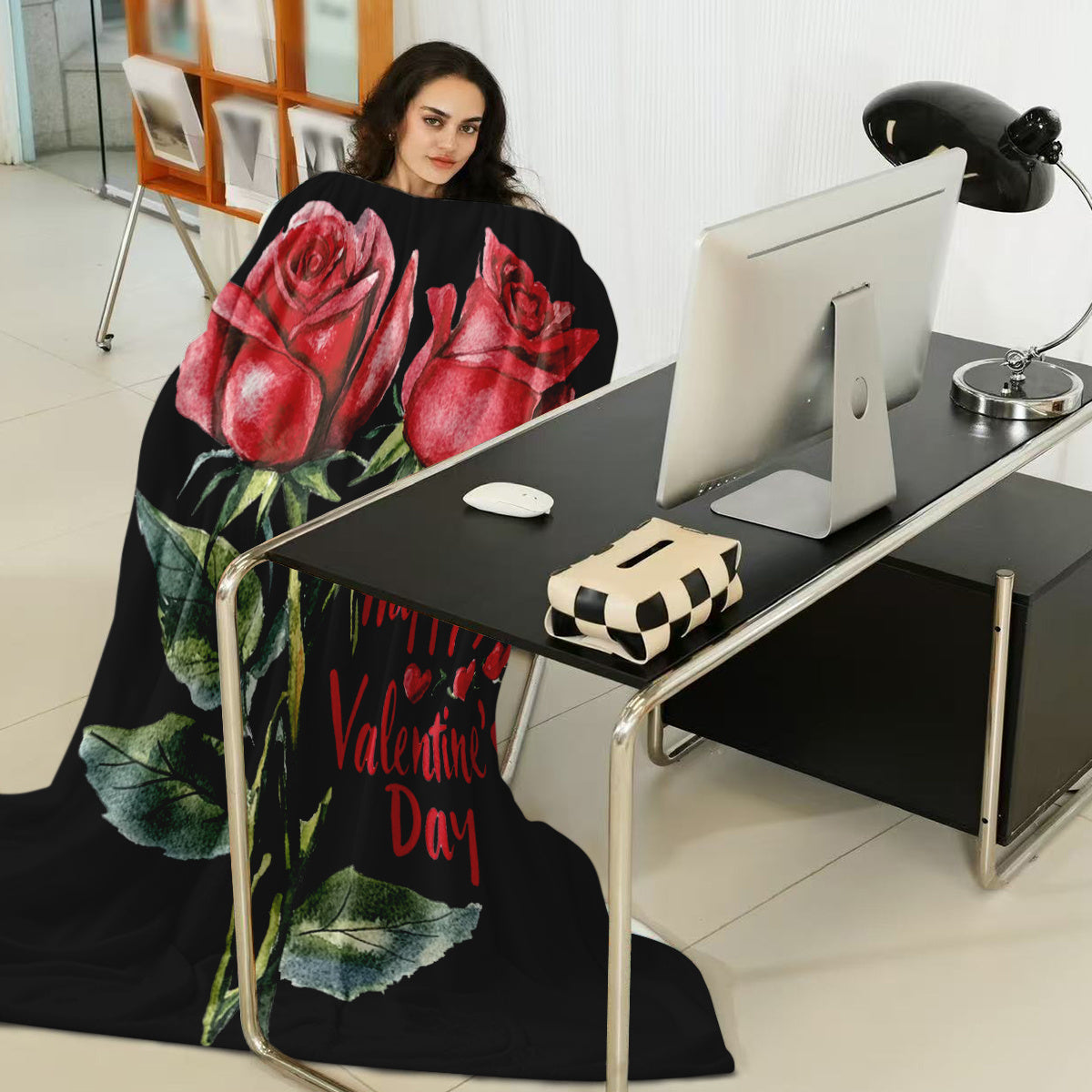 Red Rose Flannel Throw Blanket Set with Reversible Design and Pocket for Cozy Comfort