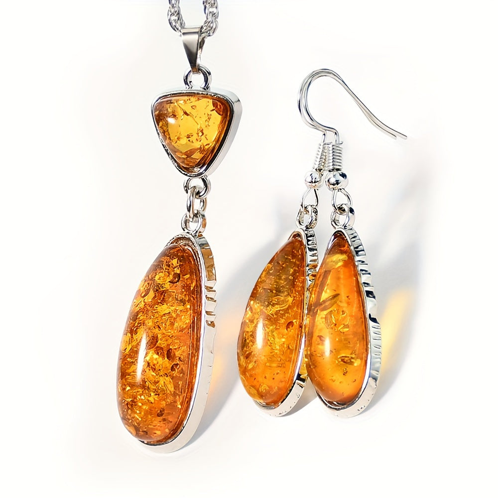 Vintage Amber Teardrop Pendant Necklace and Earrings Set for Women with Natural Stone and Geometric Chain