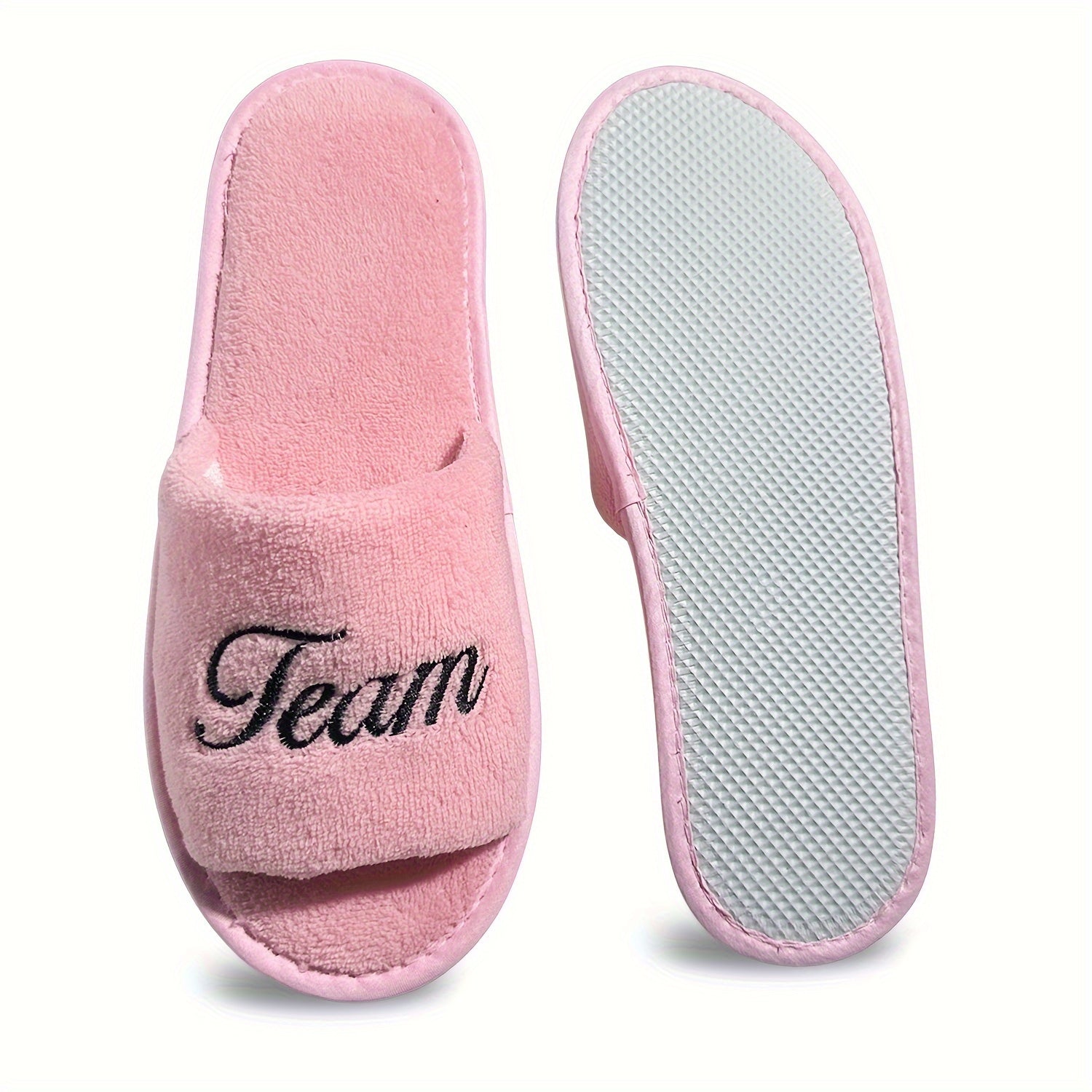 Pink Bridal Party Slippers Open Toe Plush Comfort Flat Shoes Non-Slip Soft Sole