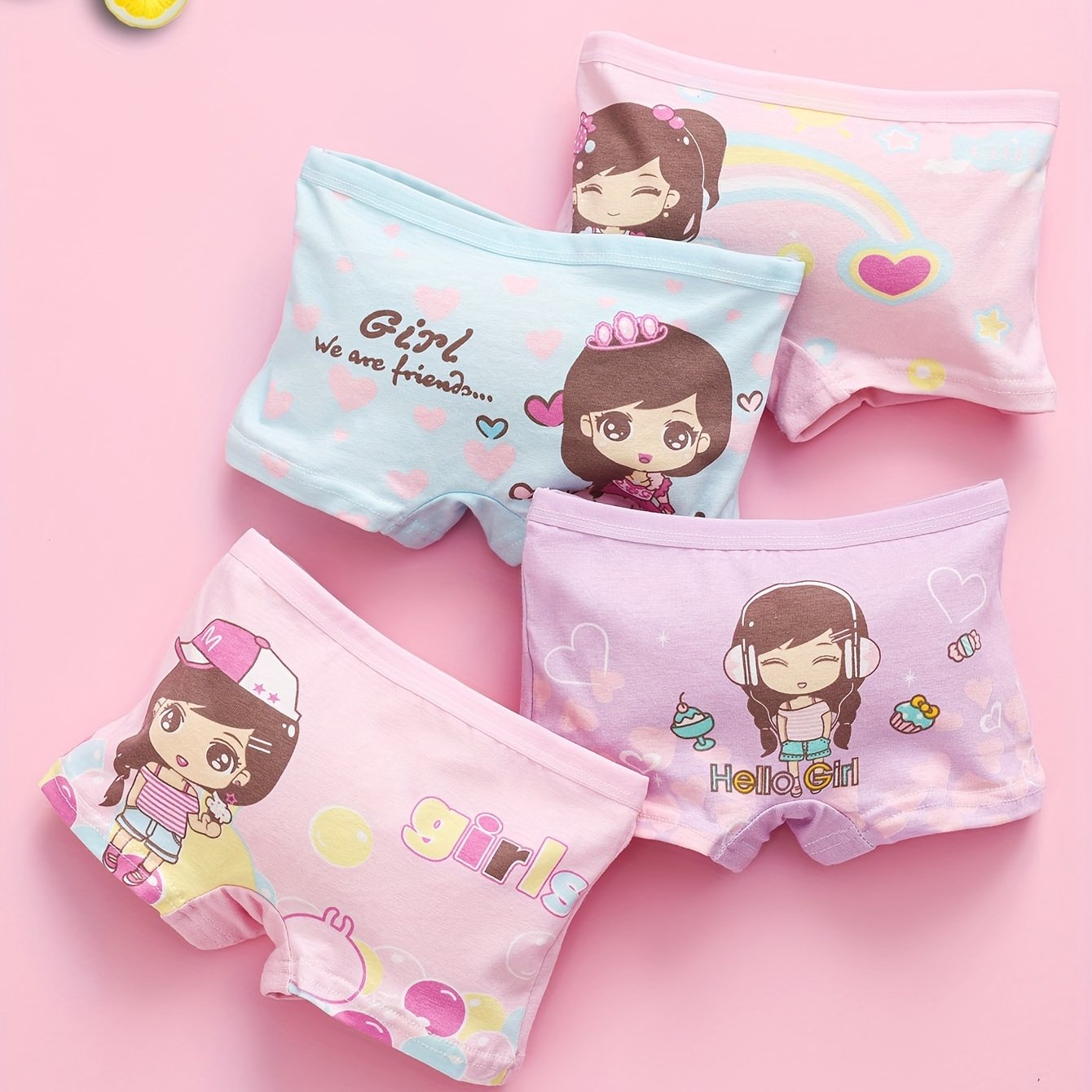 Set of 4 Kids Cotton Briefs with Cartoon Girl Print Soft Cotton All-Season Comfortable