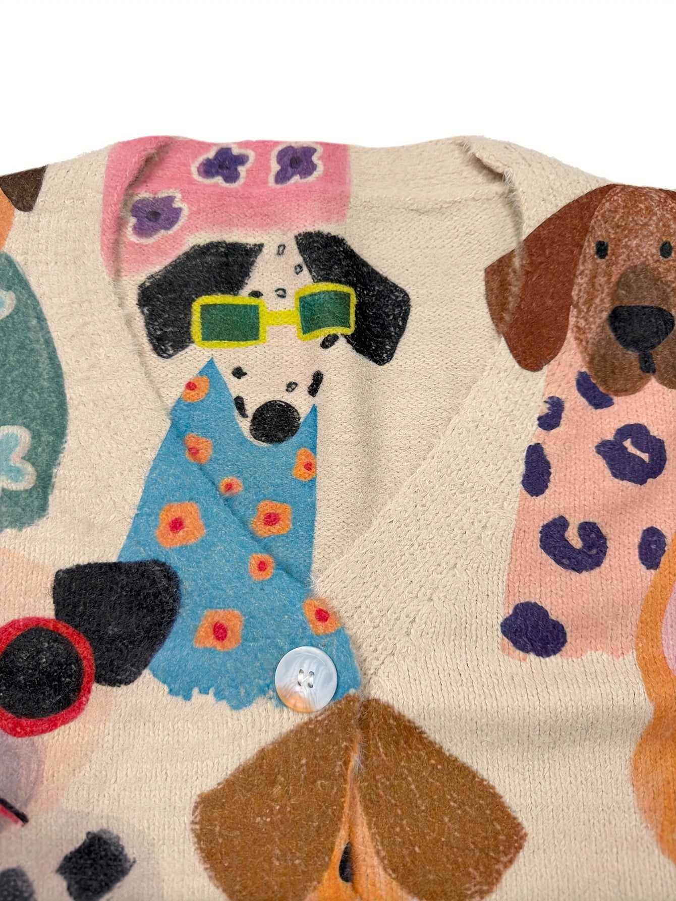 Plus Size Women's V-Neck Long Sleeve Cardigan Knit Sweater With Dog Print