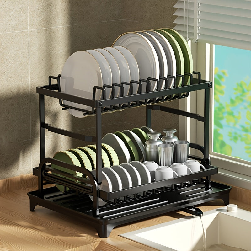 Large Metal 2-Layer Dish Drying Rack with Drain Board and Accessories