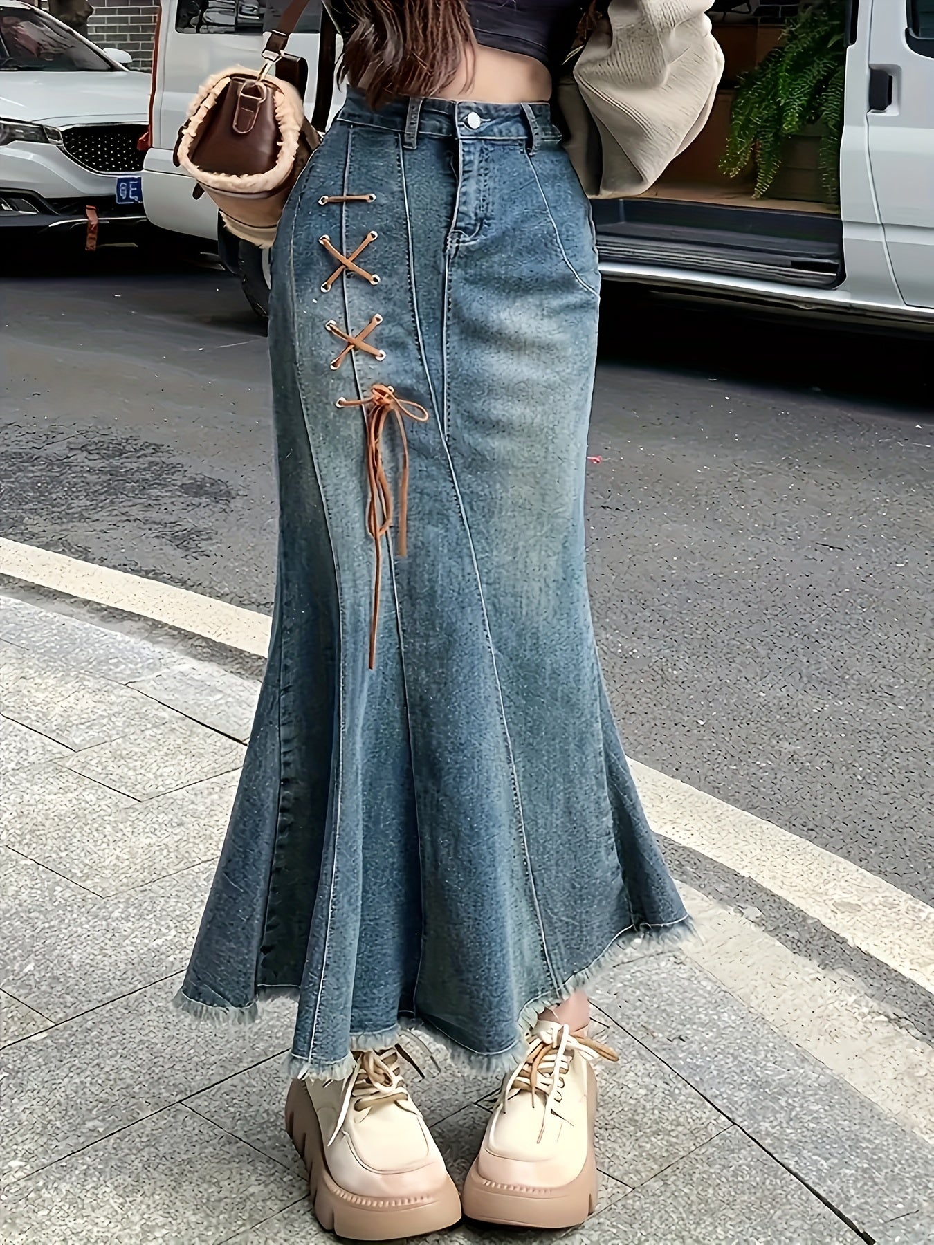 Plus Size Denim Skirt Lace Up Raw Hem Blue Maxi Mermaid Elegant Women's Clothing