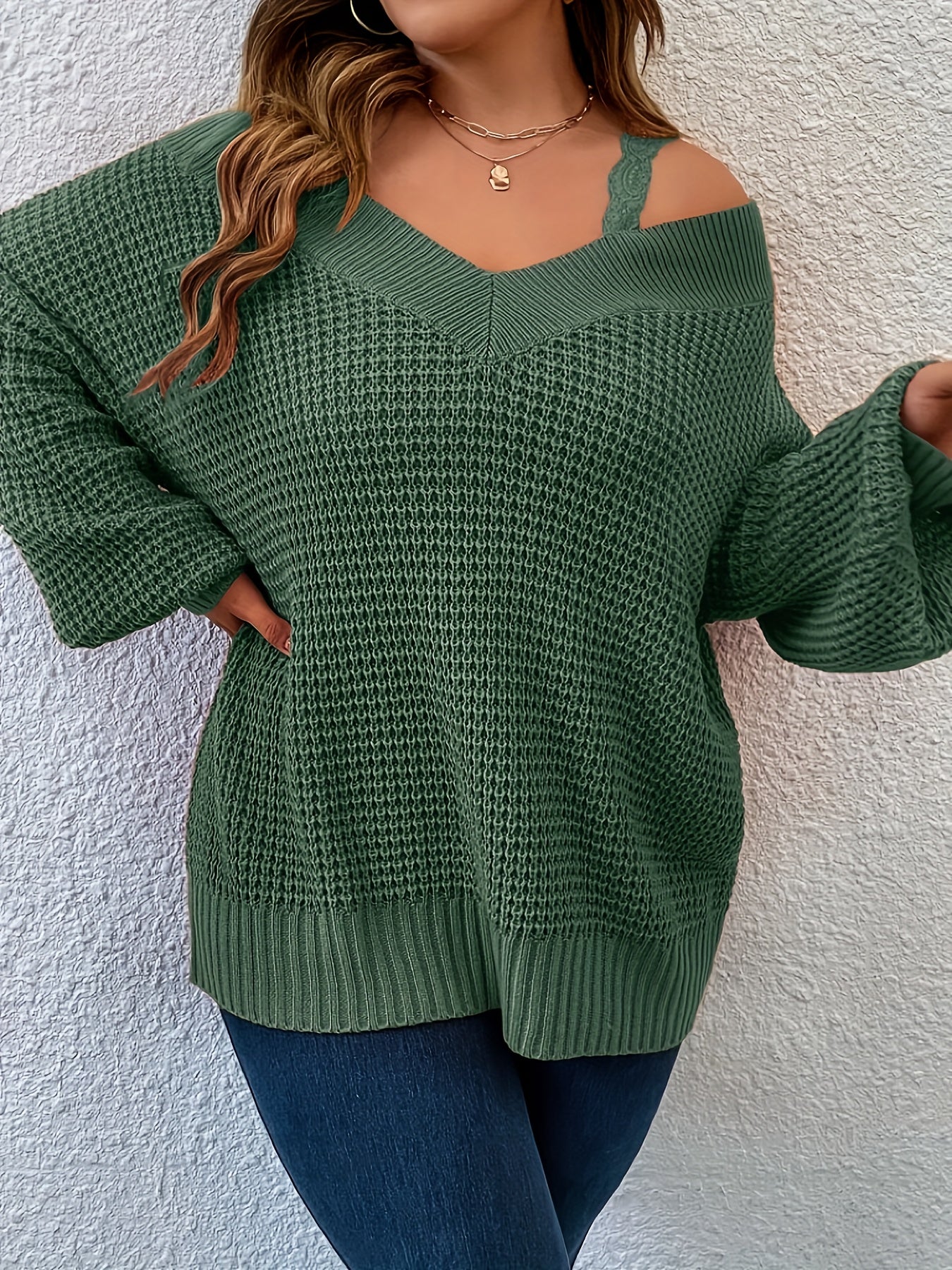 Women's Beige Knit Off-Shoulder Sweater with V-Neck Long Sleeves