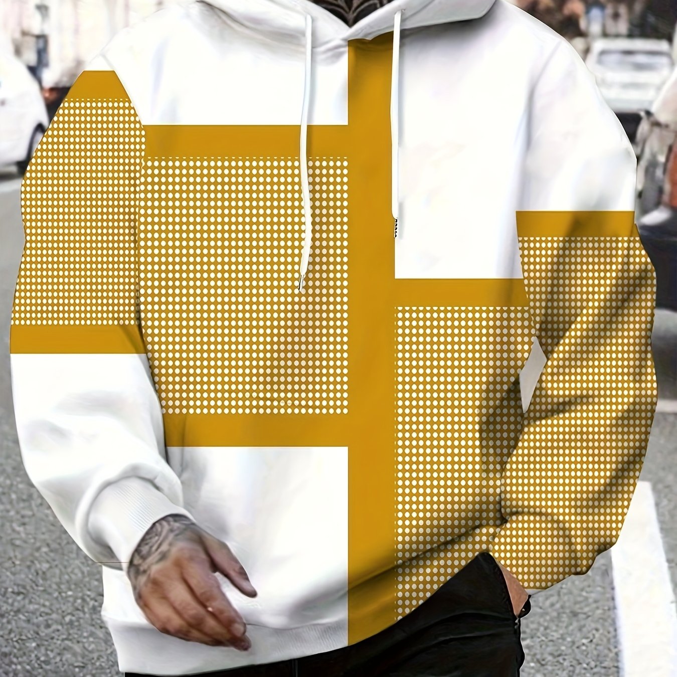 Erkaklar uchun raqamli bosma kapüşonli sviter, polyester matodan, uzun yenglar, ozgina cho'zilish, naqshli dizayn va katta o'lchamlarda mavjud.