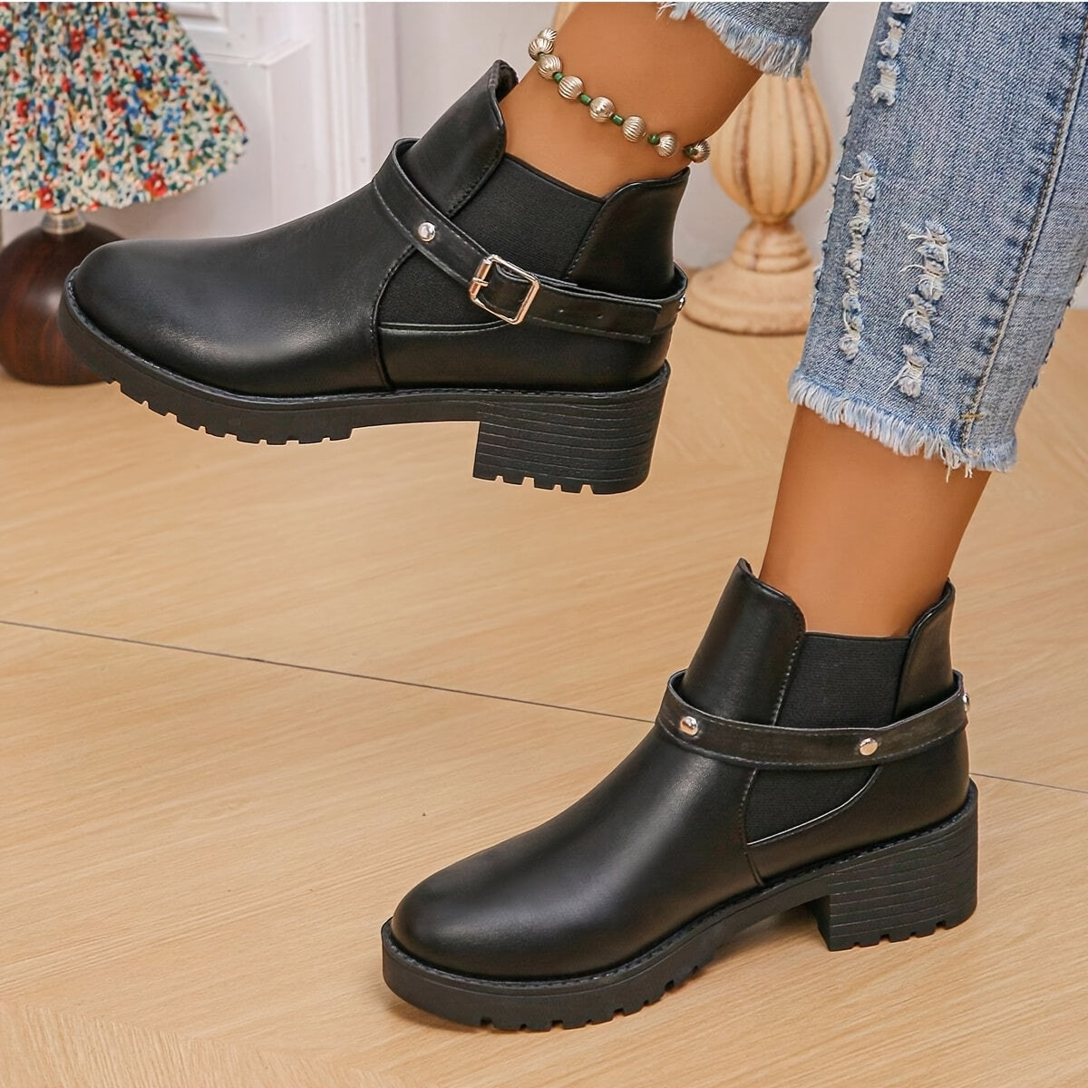 Women's Black Faux Leather Ankle Boots With Chunky Heel