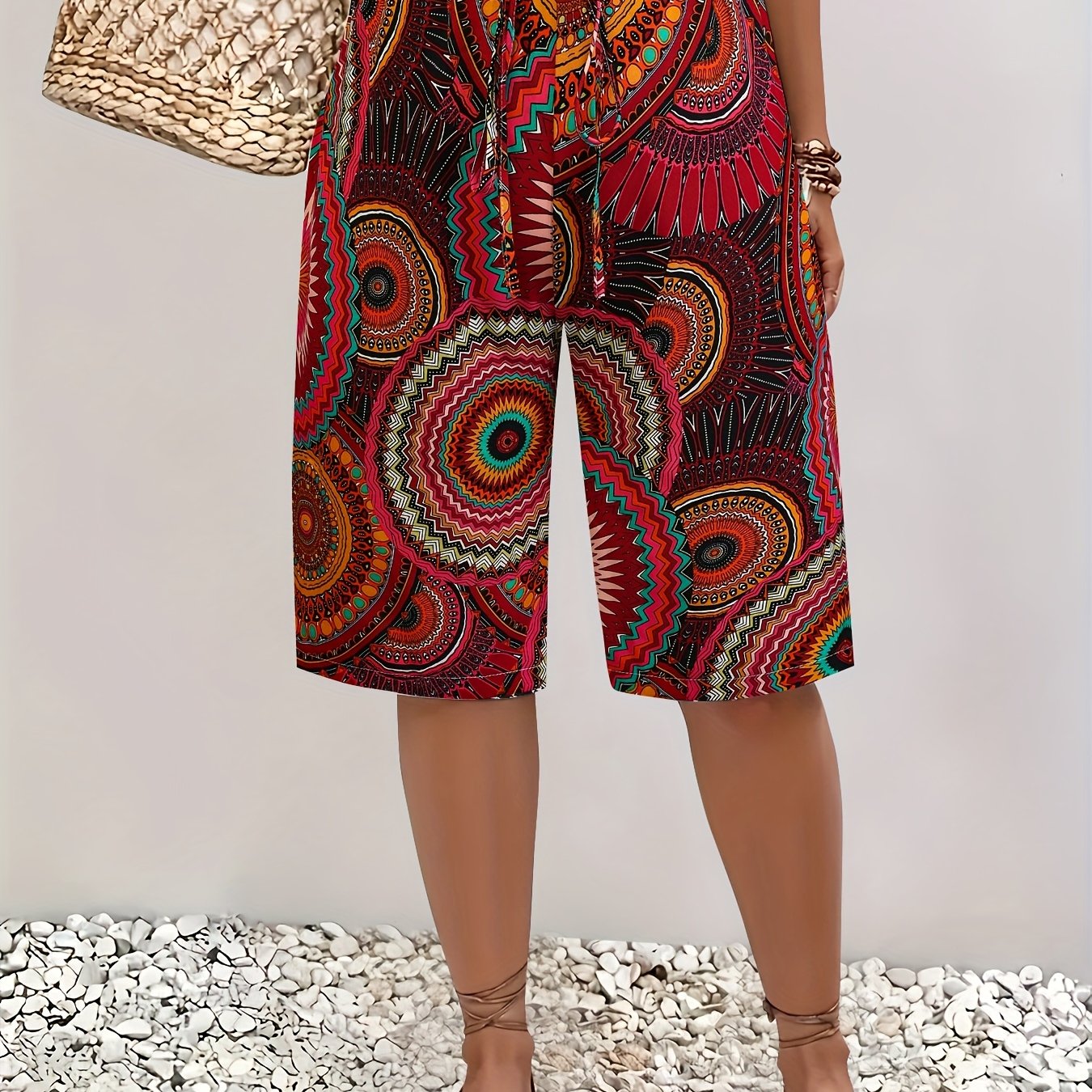 Women's Plus Size Bohemian Print Bermuda Shorts Summer Beachwear Vibrant Red Orange Black