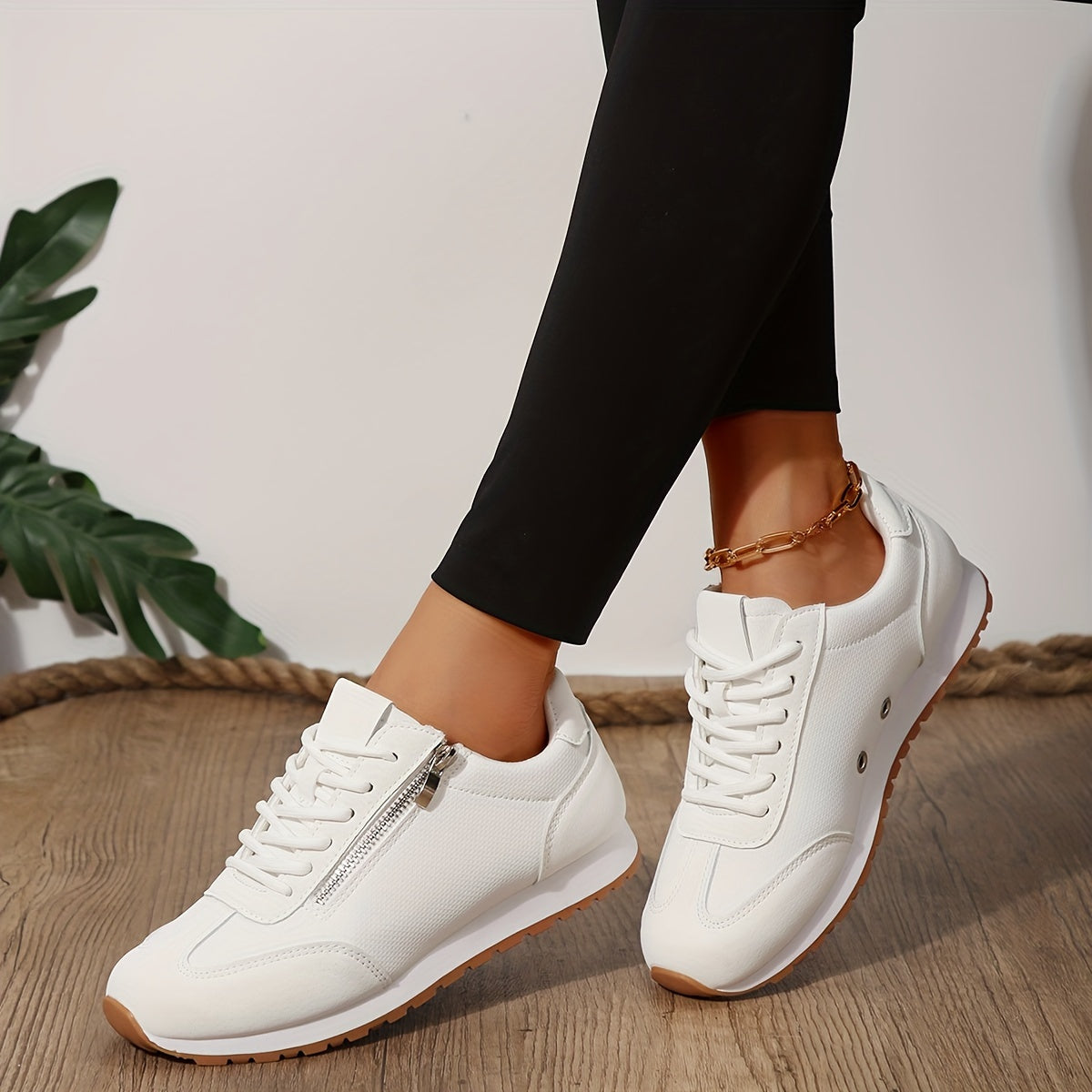 Women's White Lace-Up Casual Lightweight Breathable Sports Shoes