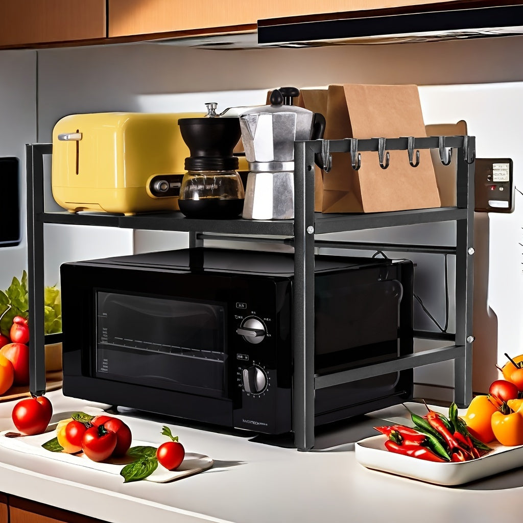 Расширяемая полка для микроволновки с крючками, органайзер для хранения на столешнице из углеродистой стали