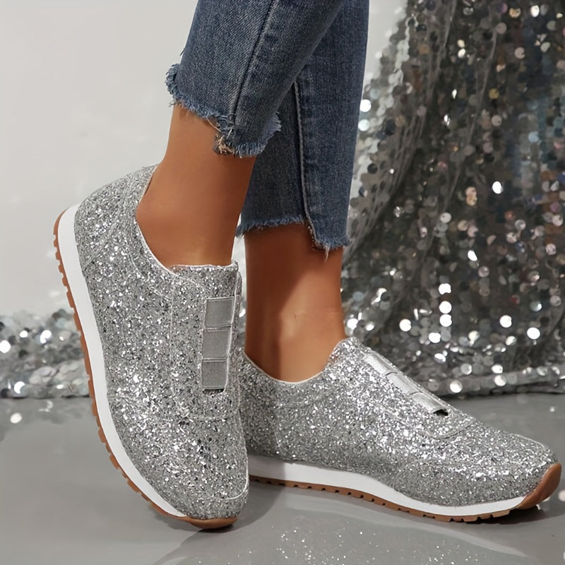 Women Silver Sneakers Low Top Slip-On Breathable Athletic Shoes