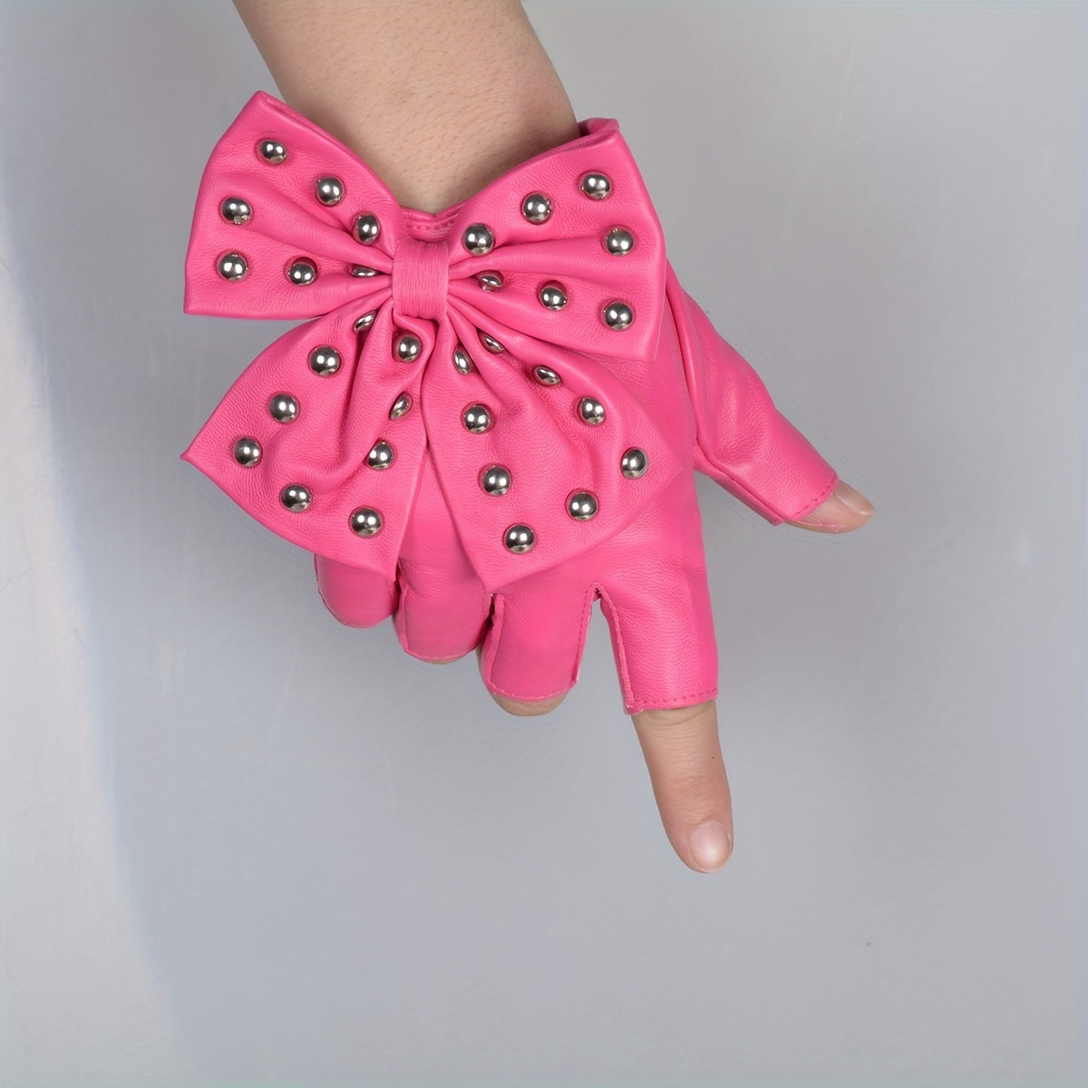 Women's Half Finger Rivet Bow PU Leather Gloves for Punk Dance and Hip Hop