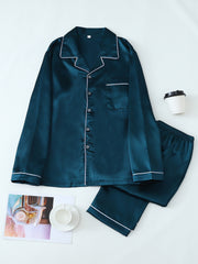 Conjunto de pijama de satén para hombre, manga larga, de color sólido, casual, con botones, para otoño e invierno