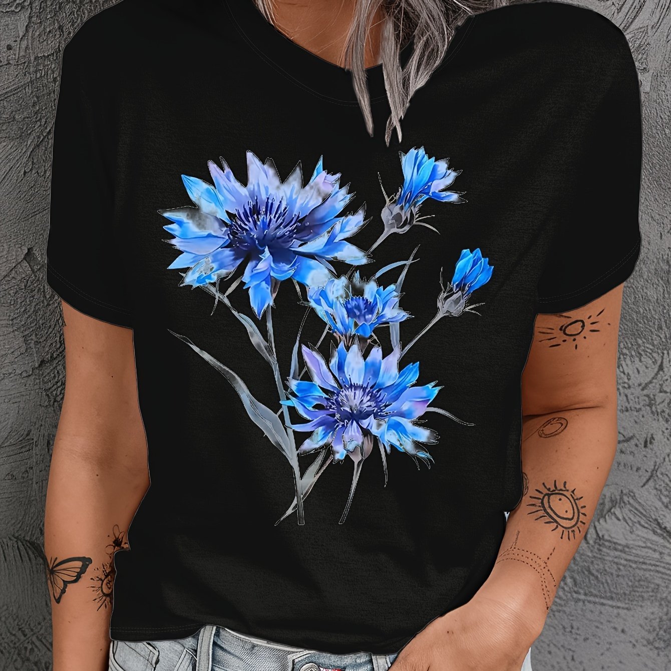 Women's Floral Print T-Shirt Summer Knit Crew Neck Short Sleeve Top