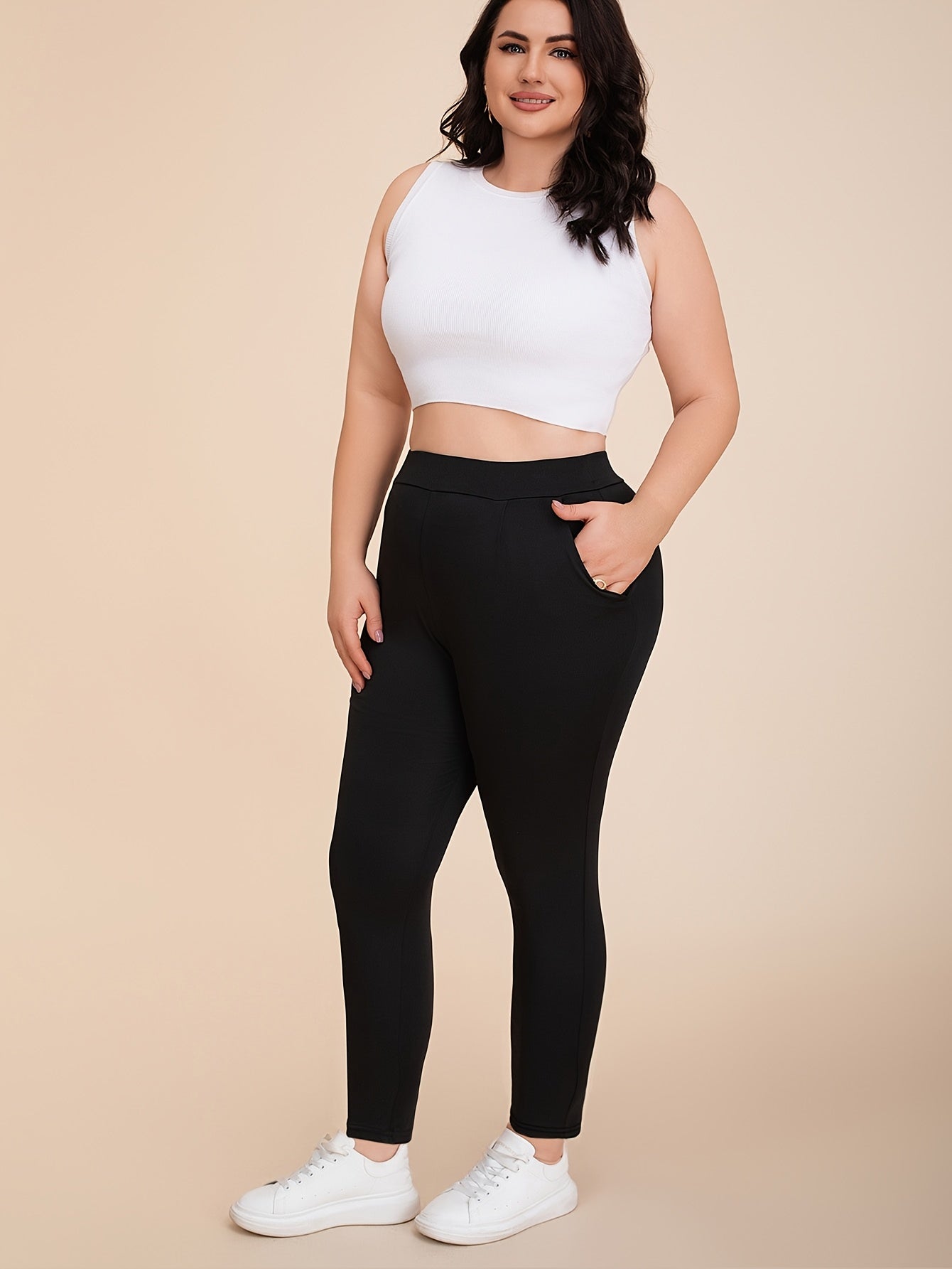 Women's Plus Size Skinny Pants Polyester Knit Solid Color Spring Fall Pockets