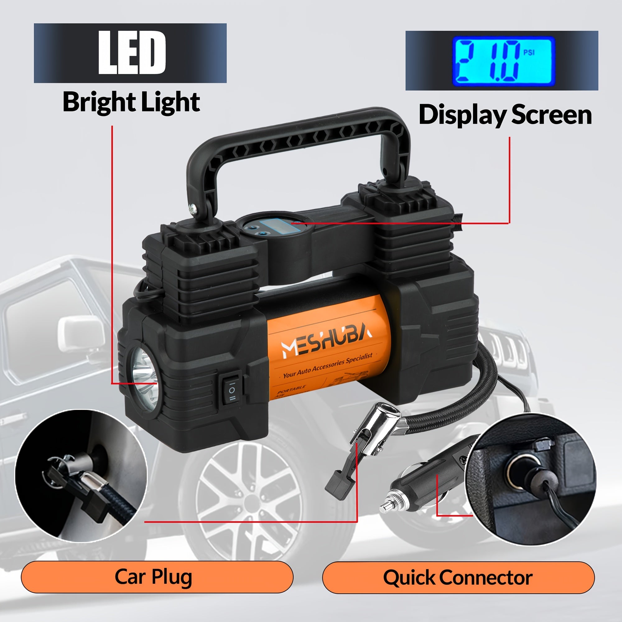 12V portativ havo kompressori raqamli bosim o'lchagich bilan, avtomobil, velosiped, mototsikl va to'p shinalari uchun, apelsin rang