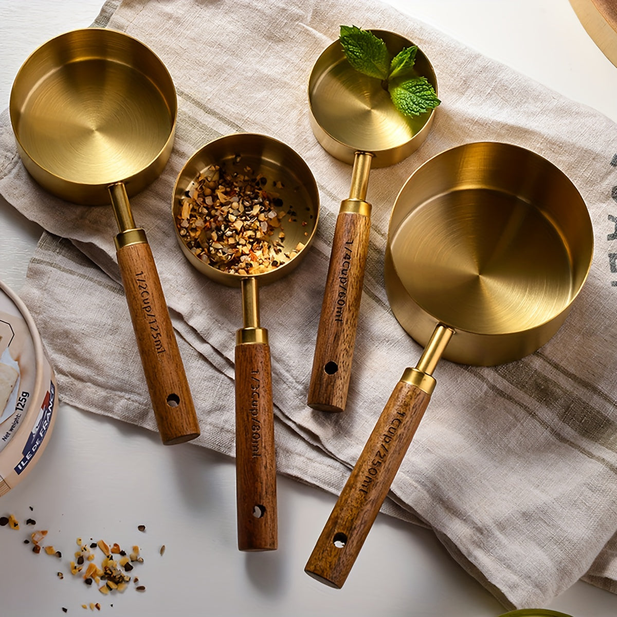 Set of 4 Stainless Steel Measuring Spoons with Wooden Handles for Baking and Cooking