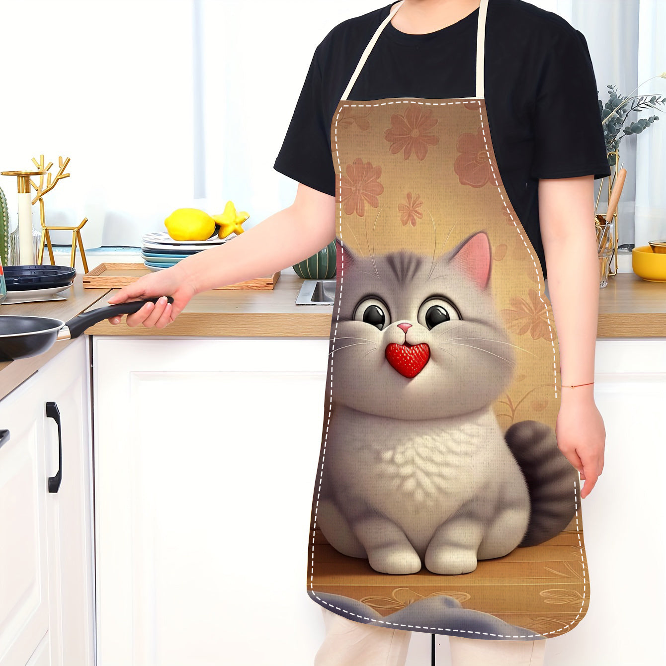 Cat-Inspired Linen Apron for Adults, Sleeveless, Floral Pattern, Lightweight Kitchen Garment