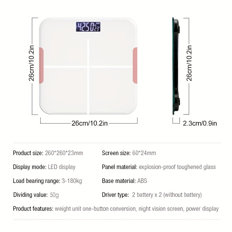 LED displeyli aqlli raqamli vazn, simsiz tana tarkibi analizatori, 25 ma'lumot nuqtasi, batareya bilan ishlovchi, ilova bilan ulanish - batareyalar kiritilmagan.