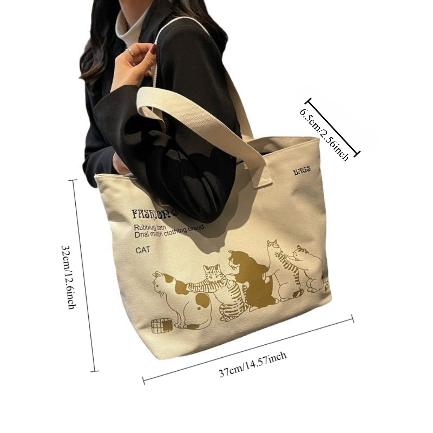 Women’s Canvas Tote Bag with Cartoon Print and Multiple Pockets for Shopping and Beach