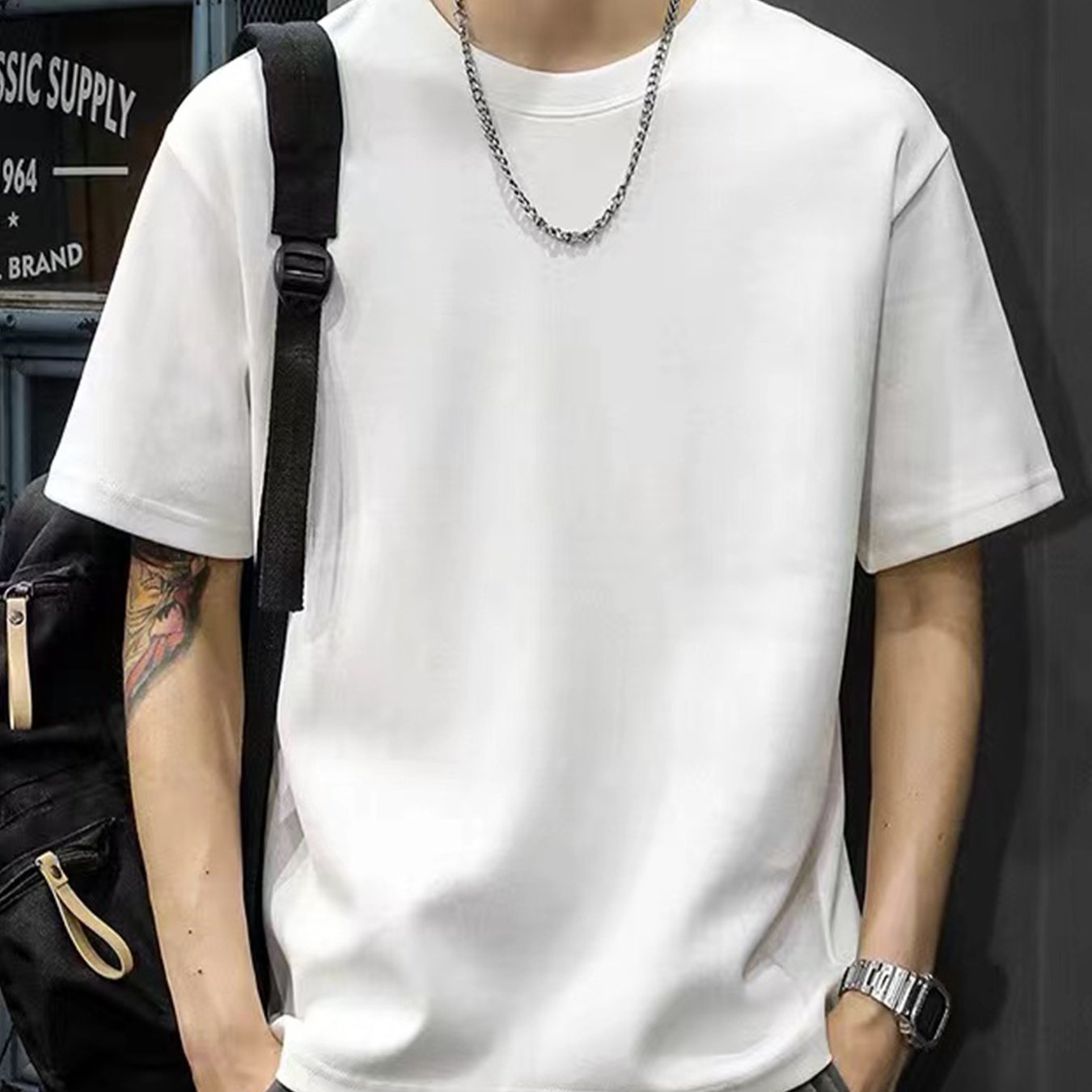 Camiseta de algodón sólida para hombre de manga corta con cuello redondo, ropa casual de verano