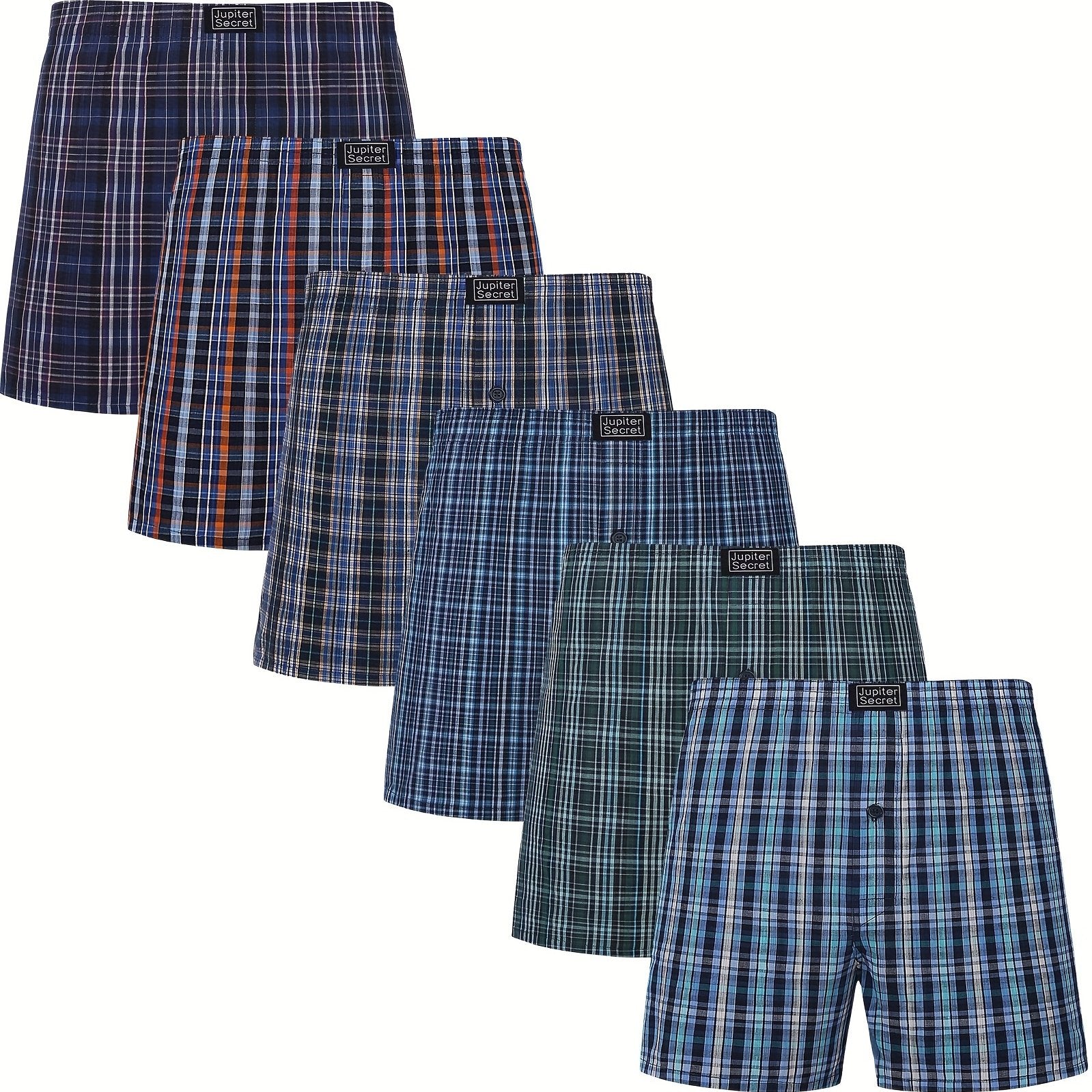 Men's 6-Pack Plaid Cotton Boxer Shorts Elastic Waist Loose Fit Casual Woven Fabric
