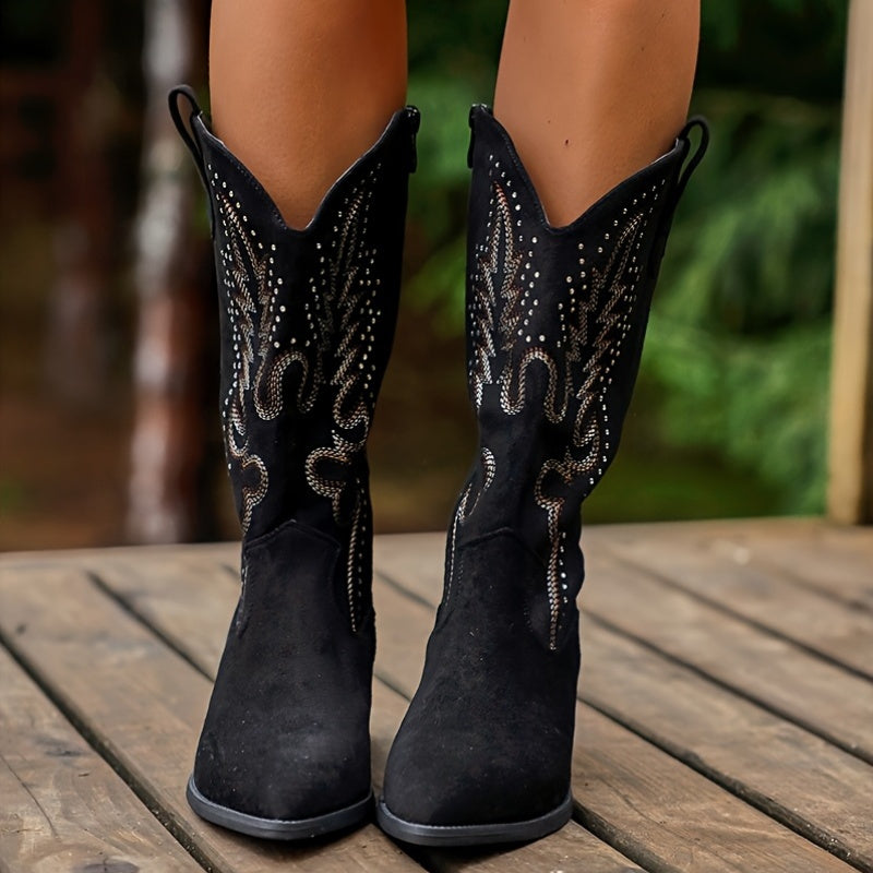 Women's Cowboy Boots Black Embroidered Ankle Zipper Pointed Toe Chunky Heel
