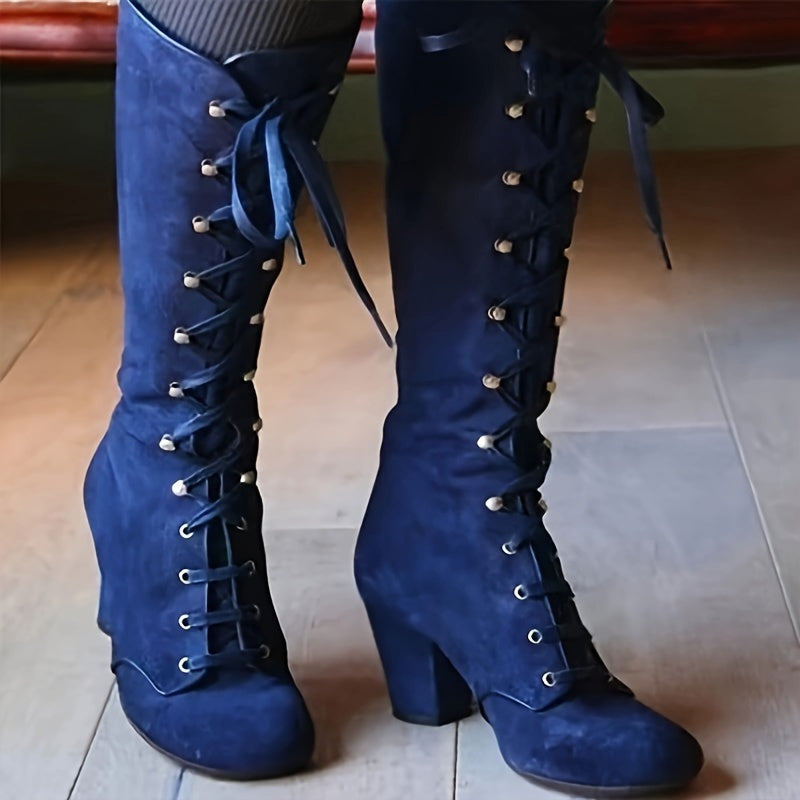 Women's Solid Color Chunky Heel Boots Lace-Up Knee High Shoes