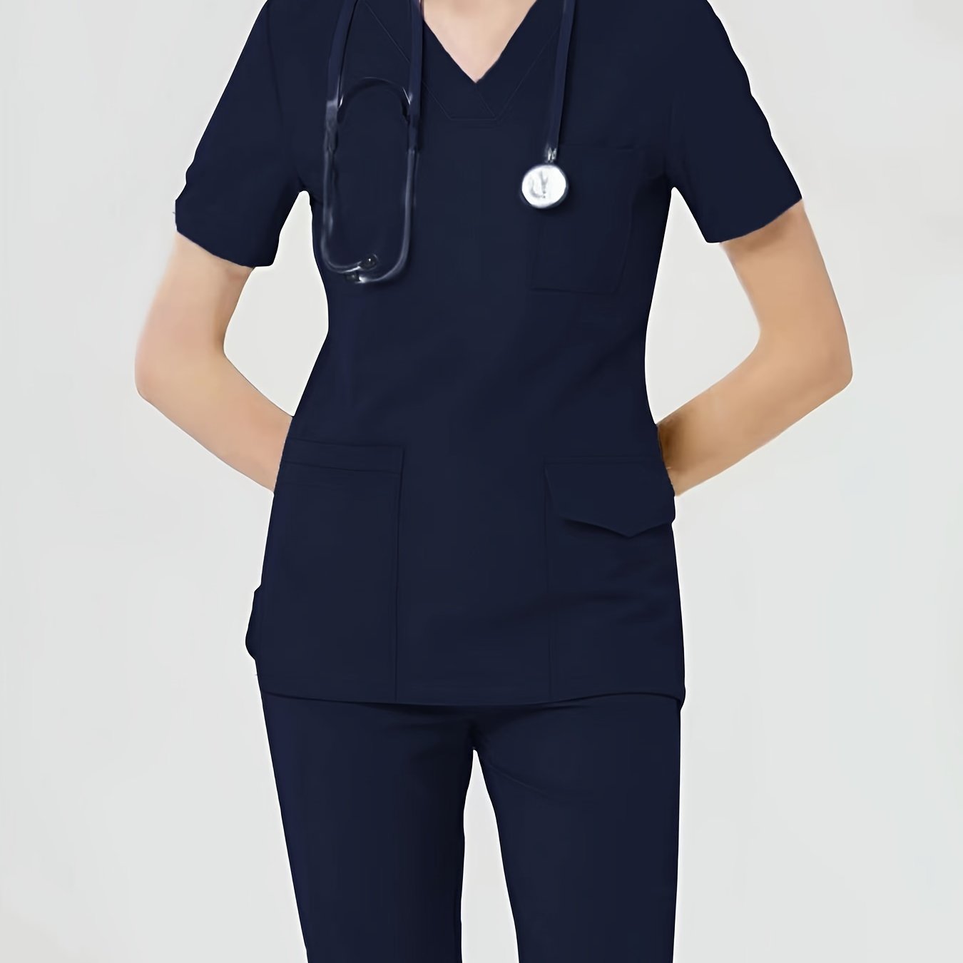 Women's Health Care Uniform Set V-Neck Top with Pockets and Solid Pants
