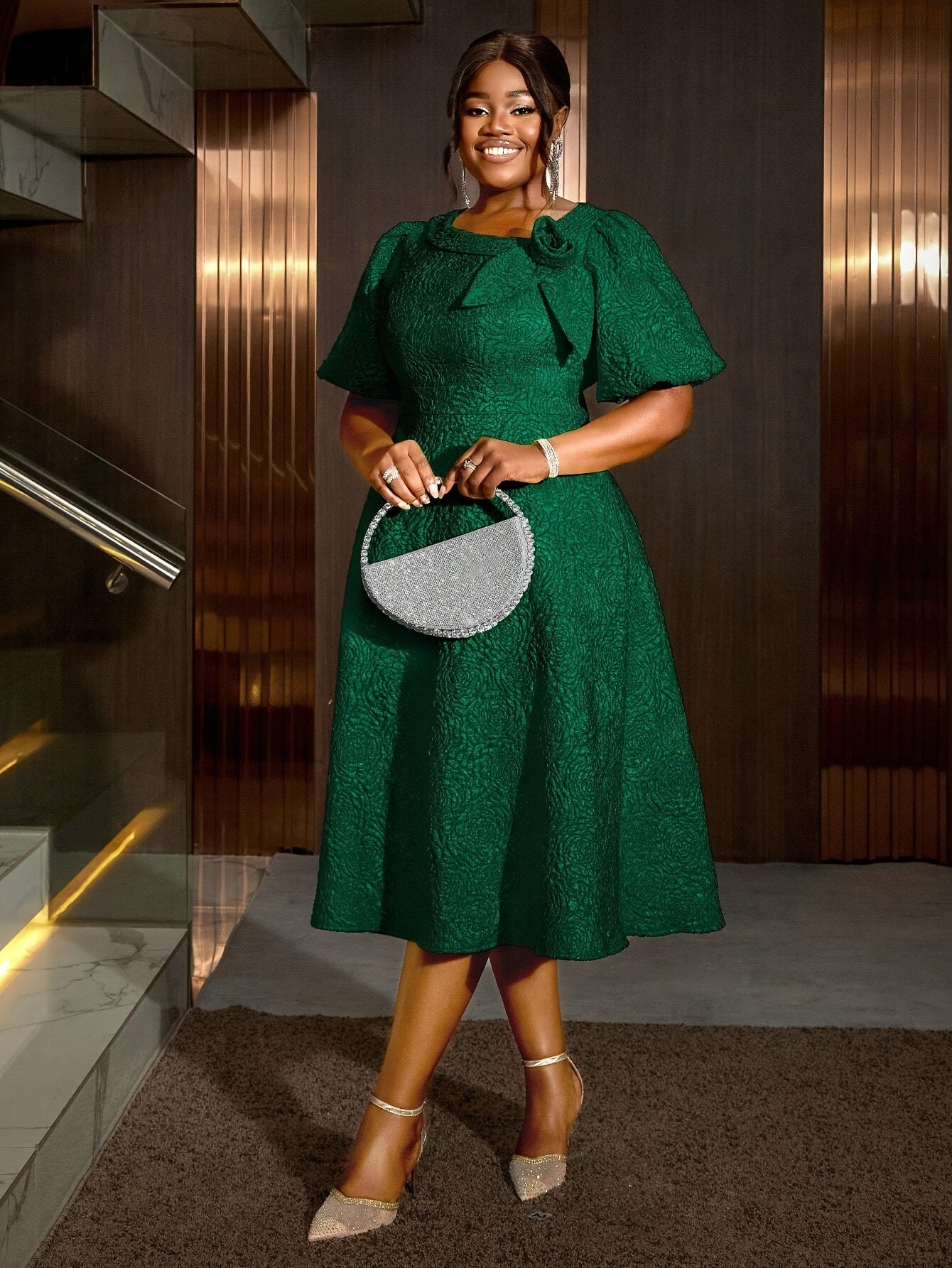 Plus Size Women's Rose Jacquard Flared Sleeve A-Line Skirt Dress for Parties