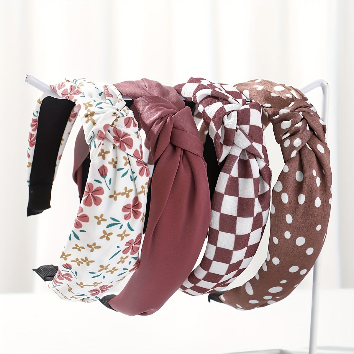 Set of 4 Women's Fabric Floral and Polka Dot Knotted Headbands with Faux Pearl Details