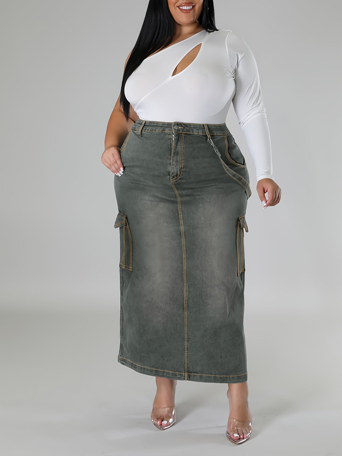 Falda midi de mezclilla lavada de tallas grandes para mujer lavable a máquina