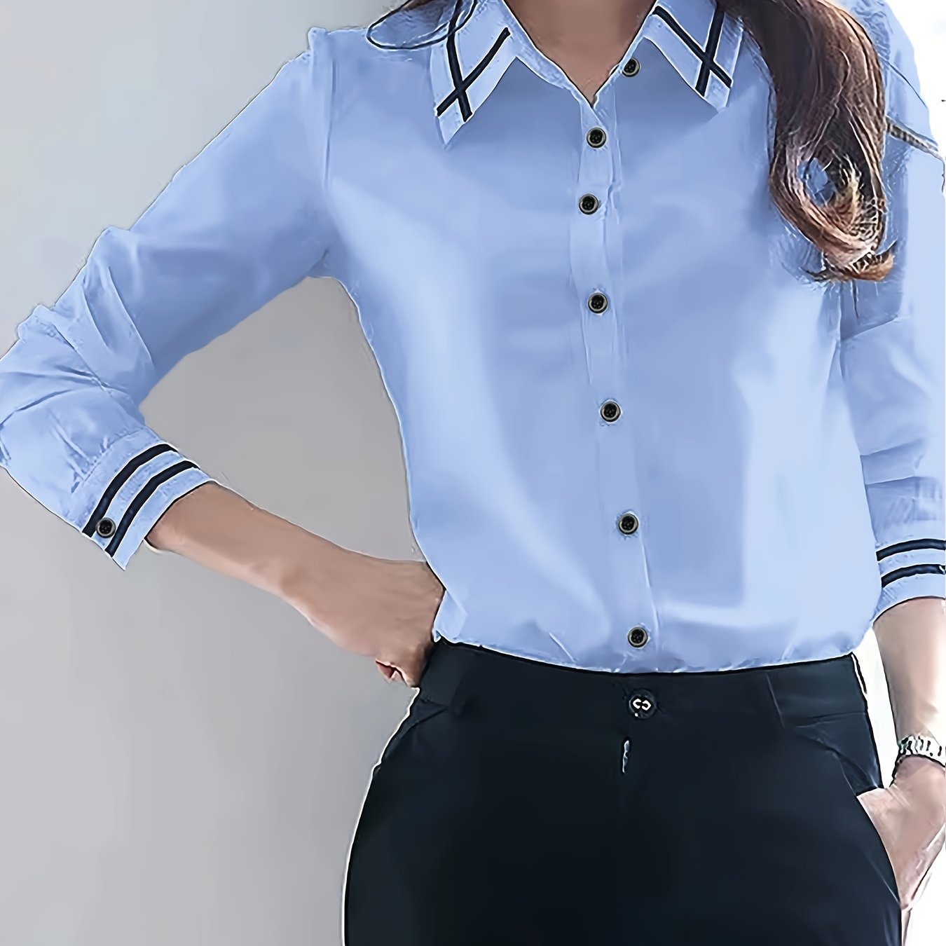 Adult Long Sleeve Color Block Polyester Shirting with Lapel Collar