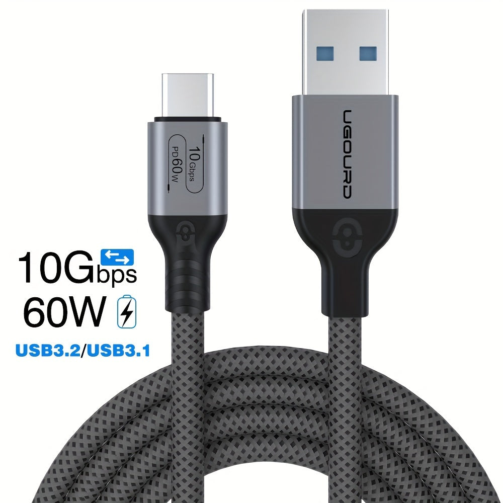 USB3.2 Gen2 USB-A dan Type-C kabel, 10Gbps ma'lumot uzatish tezligi, 20V3A 60W maksimal quvvat uzatish. Telefon, Pad, iPhone15 Pro Max, iPad, noutbuk, PC, SSD qutisi bilan mos keladi.