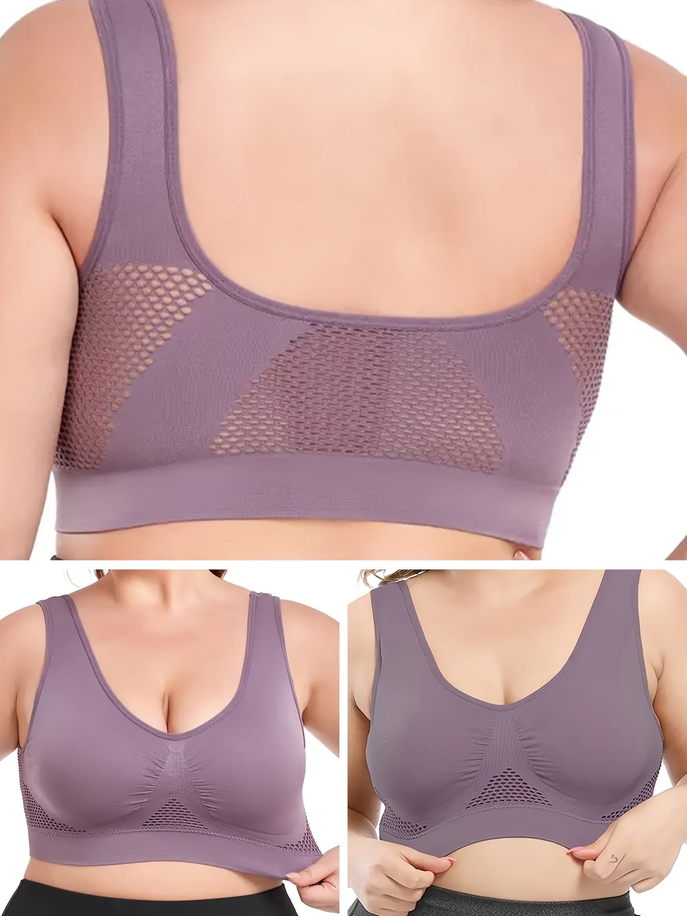 Plus o'lcham ayollar uchun nafas oladigan tarmoqsiz, yostiqlangan sport brasi, yengil pushti