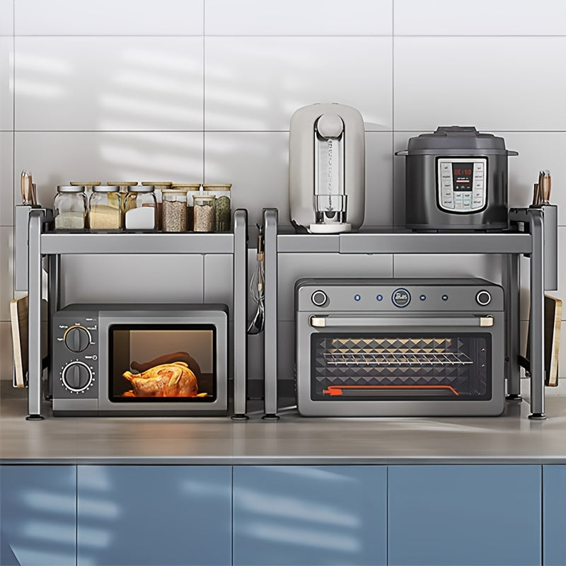 Retractable Microwave Oven Rack Carbon Steel Metal Kitchen Countertop Storage Gray White