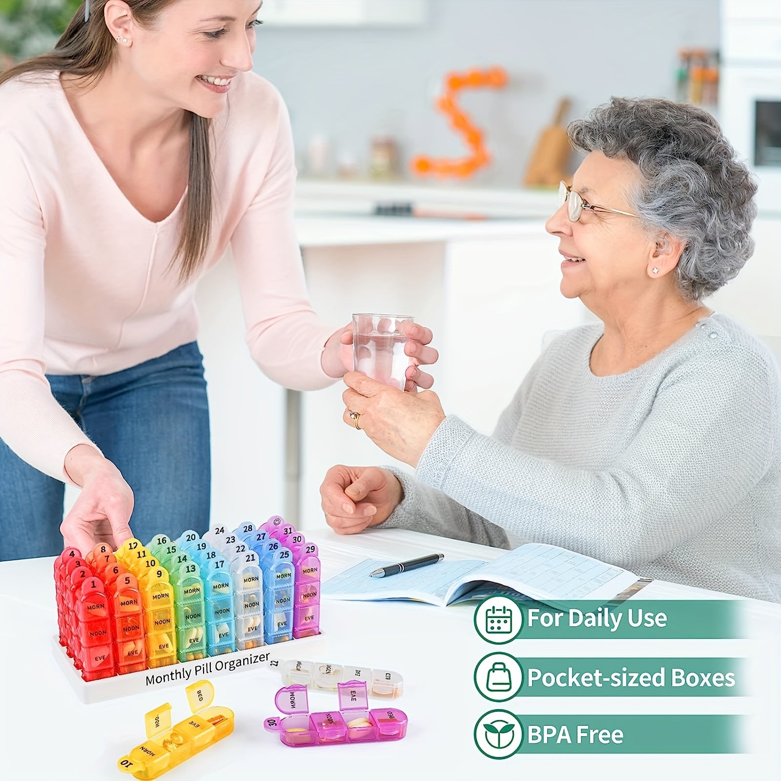 Sayohat uchun 32 harakatlanuvchi bo'linmalarga ega 30 kunlik tabletkalar tashkilotchisi