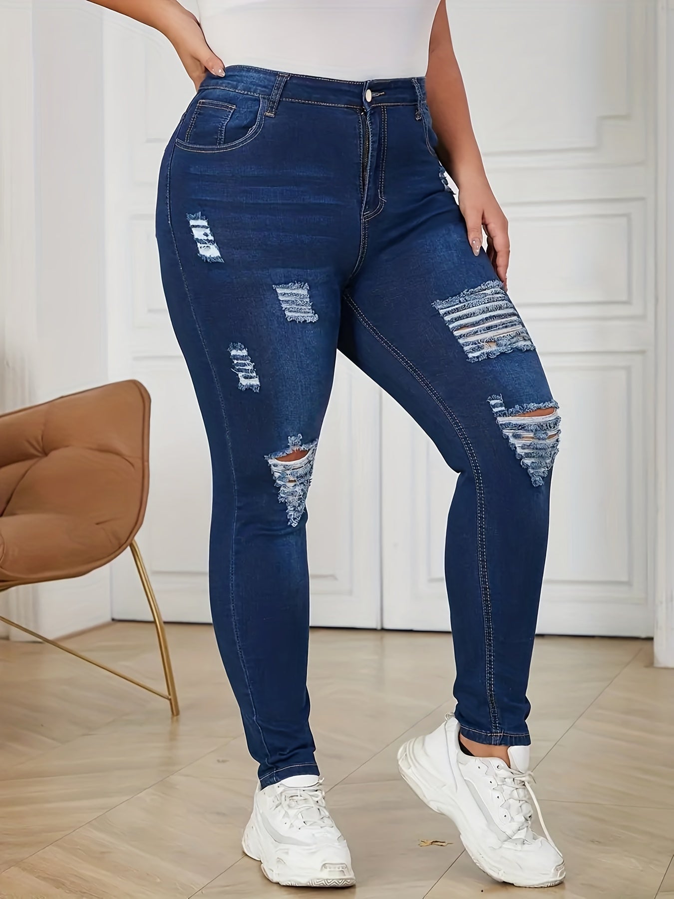 Plus Size Ripped High Rise Skinny Jeans Women Casual Stretch Denim