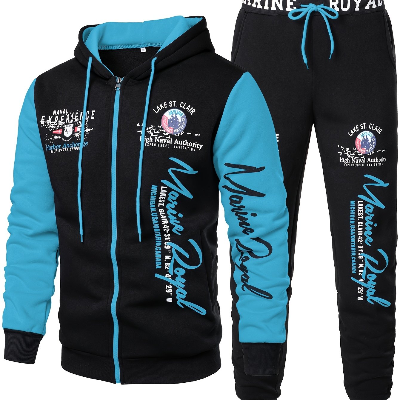 Men's Polyester Hooded Tracksuit Set with Print Pattern and Elastic Waistband