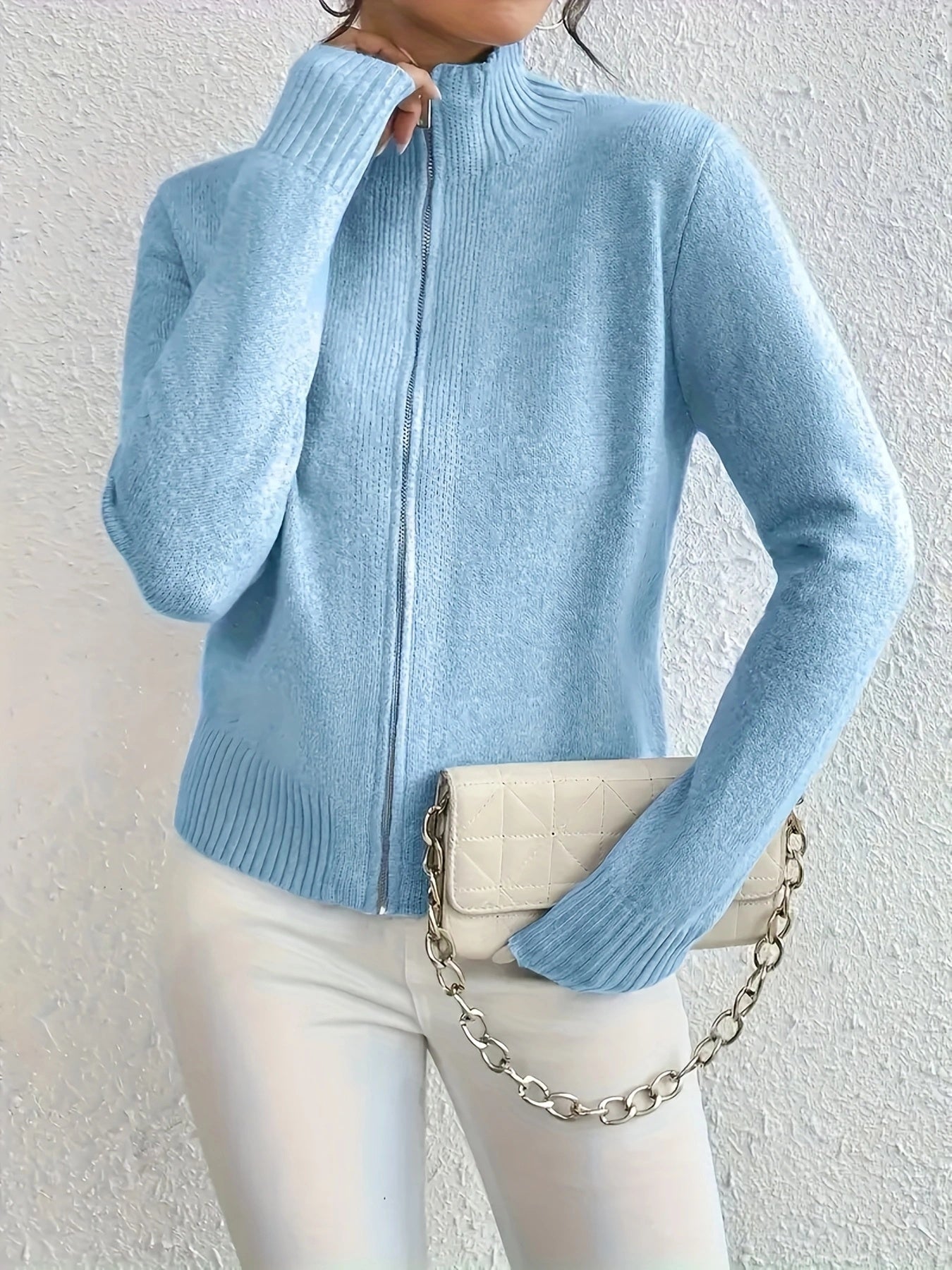Plus Size Women's Light Blue Zip-Up Cardigan Long Sleeve Fall Winter Knitwear
