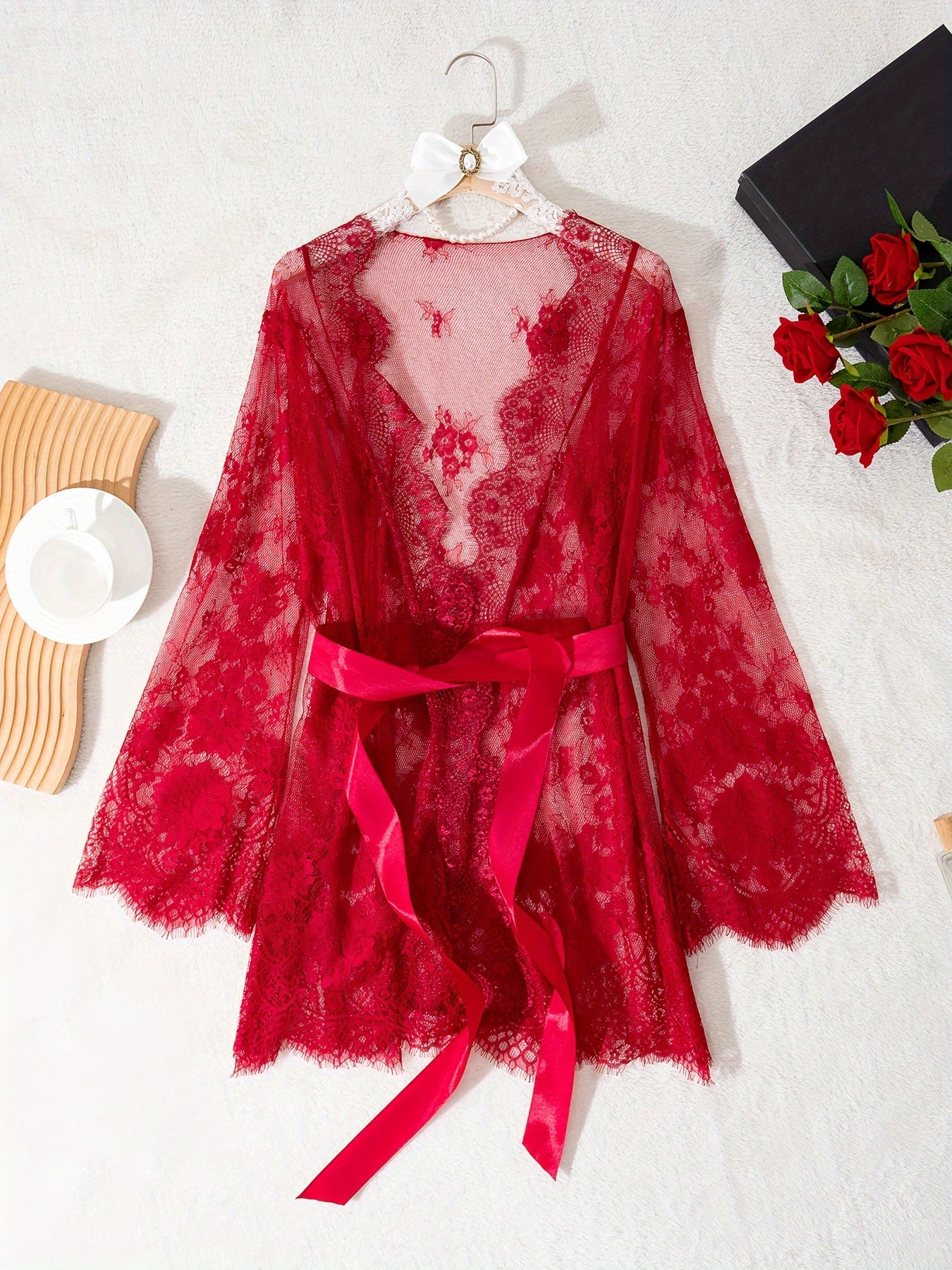 Red Lace Nightgown for Women with Tie Belt and Long Sleeves
