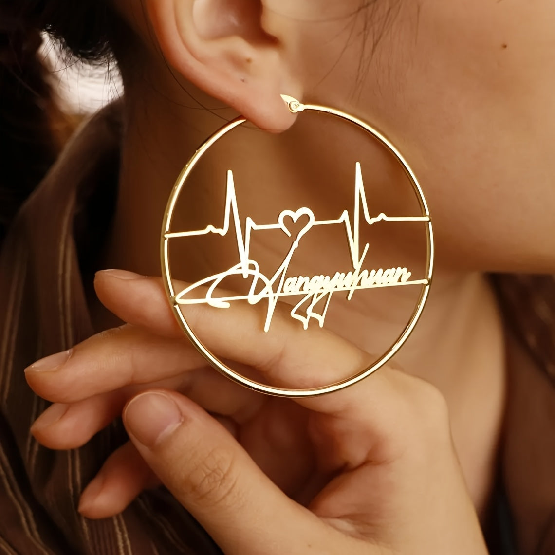 Personalized Heartbeat Earrings Gold-Toned Stainless Steel Hoop 70mm