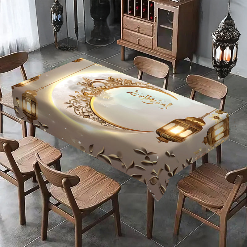 Eid Al Fitr Polyester Square Waterproof Stain-Resistant Tablecloth with Golden Moon and Lantern Pattern