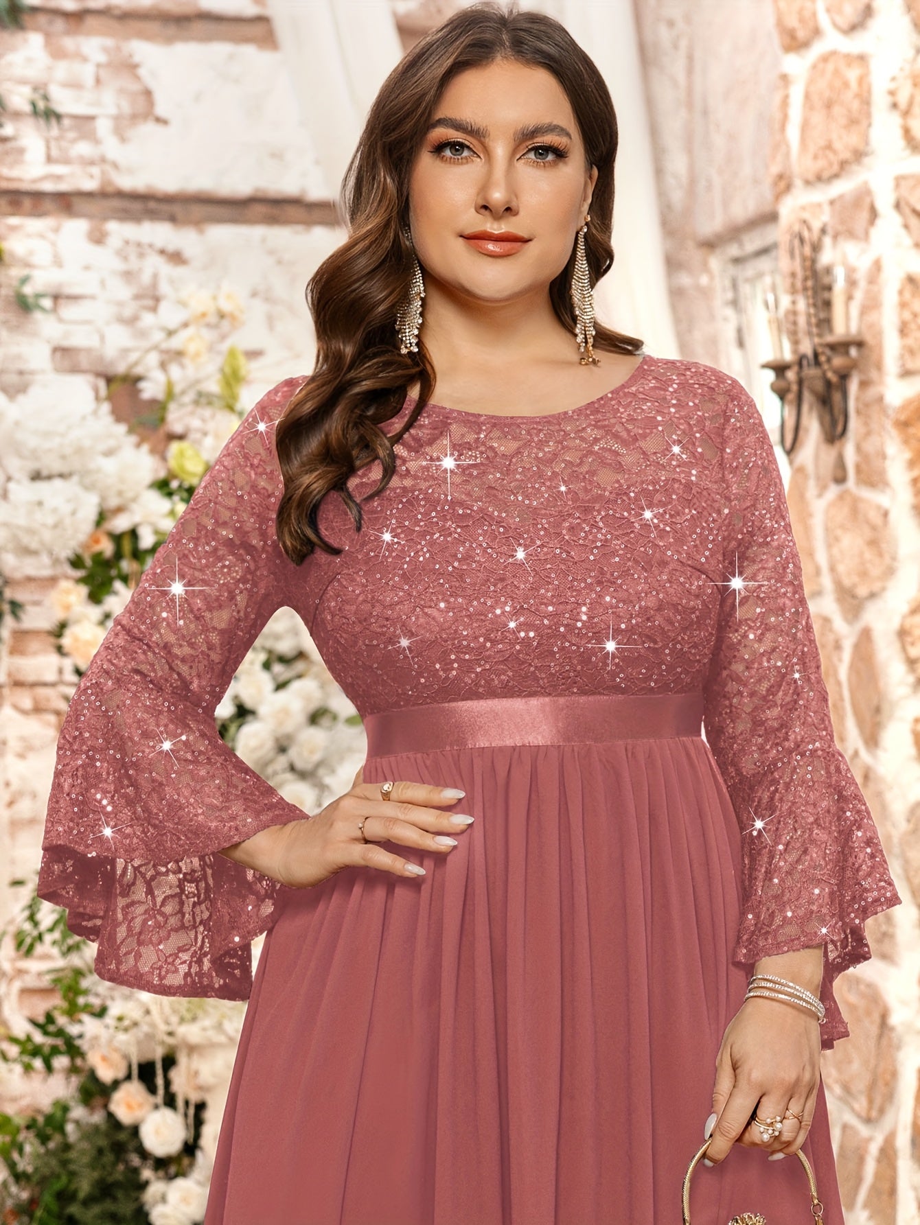 Plus Size Women's Sequin Long Dress Crew Neck Three Quarter Sleeve Evening Party