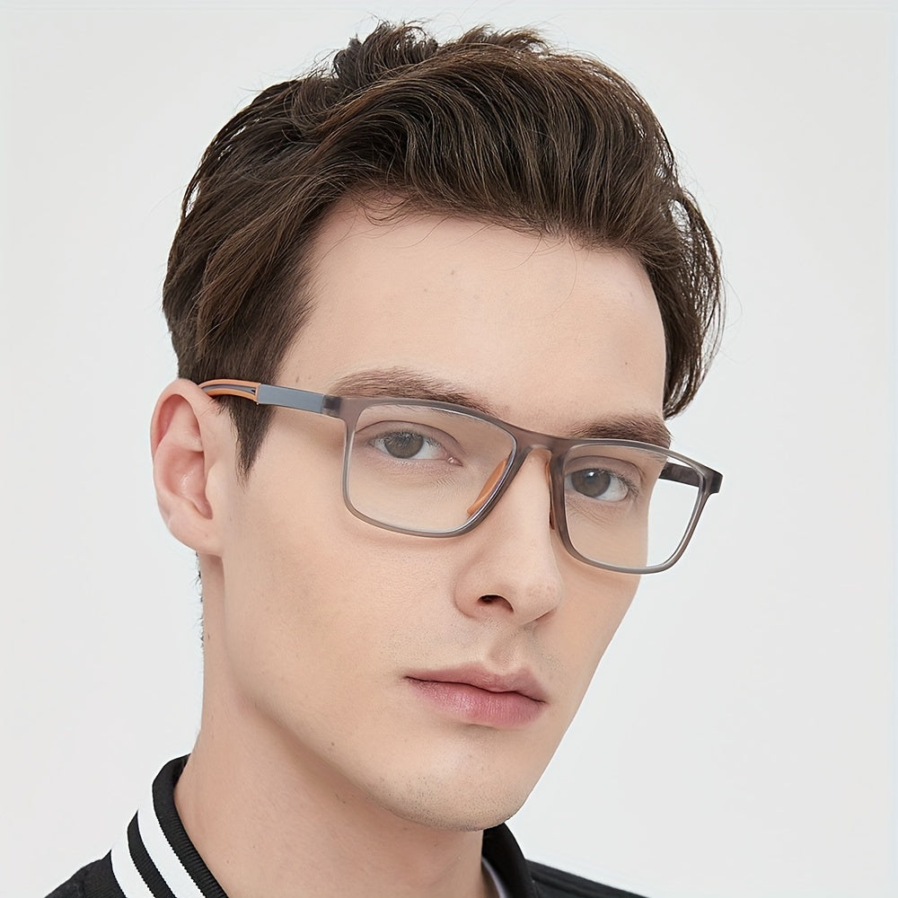 Unisex Lightweight Blue Light Blocking Reading Glasses with Smoky Gray Rectangular Frame and Orange Detail