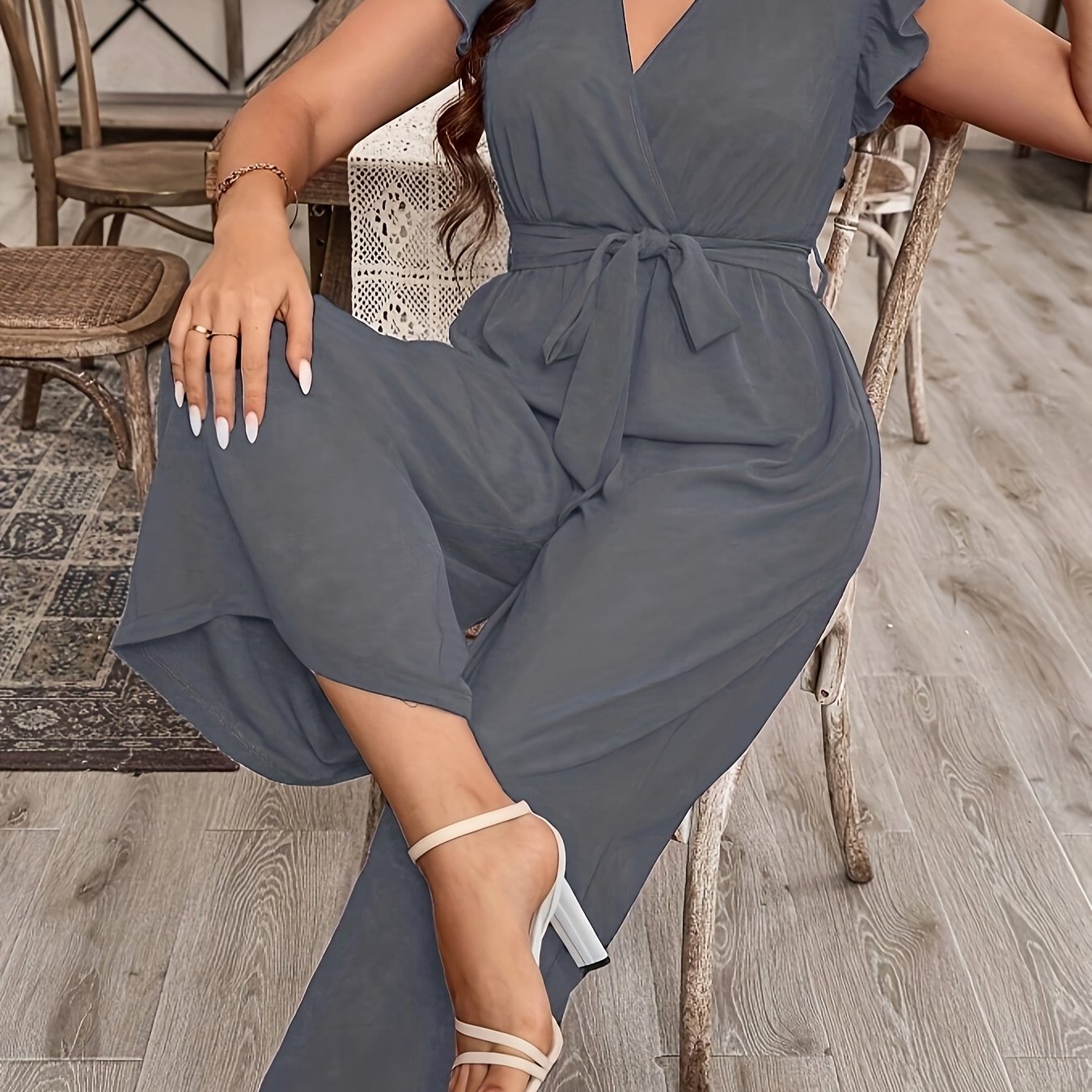 Women's Ruffled Sleeve V-Neck Belted Jumpsuit Solid Color Non-Stretch Fabric