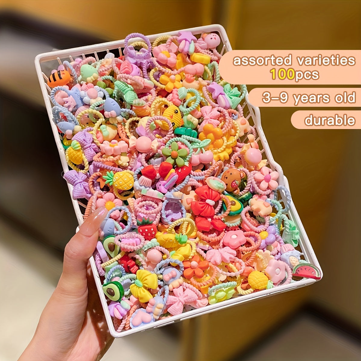 Anillos de pelo con hilos de dibujos animados coloridos para niños de 3 a 14 años, accesorios de resina, paquete de 100