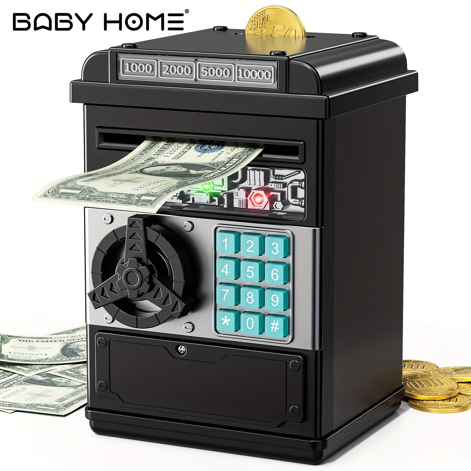 Kids ATM Style Penny Bank with Scroll Paper Feature Durable ABS Black for Boys Girls Ages 3+