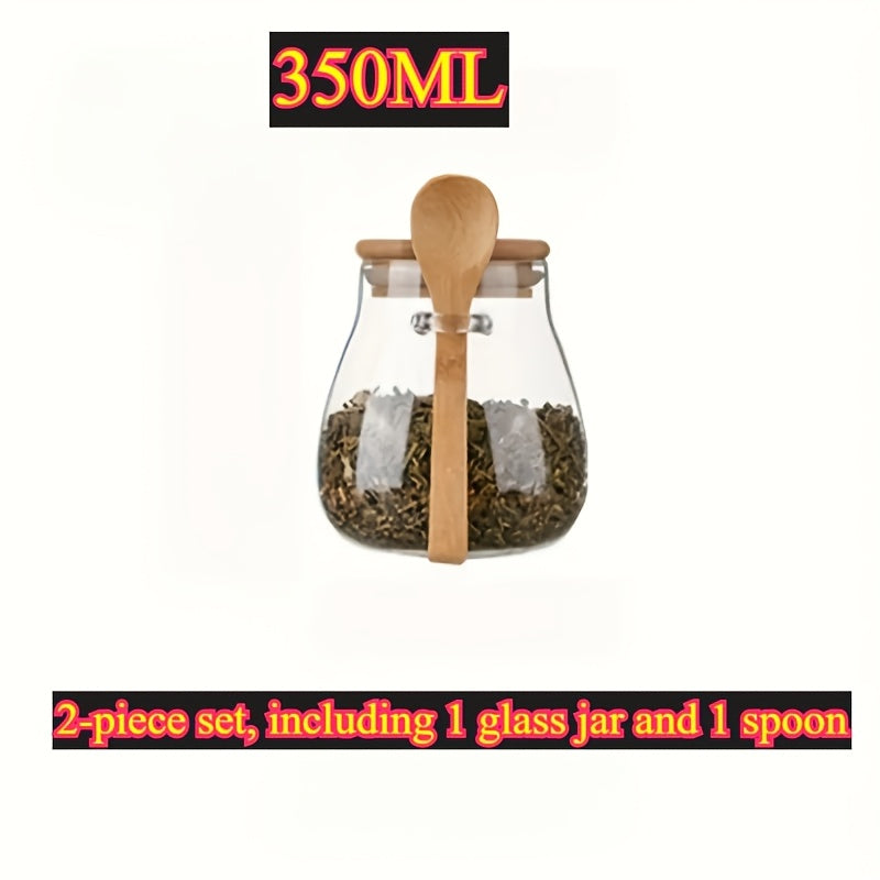 Set of 2 Glass Jars with Wooden Lids and Spoons for Coffee Tea Spices