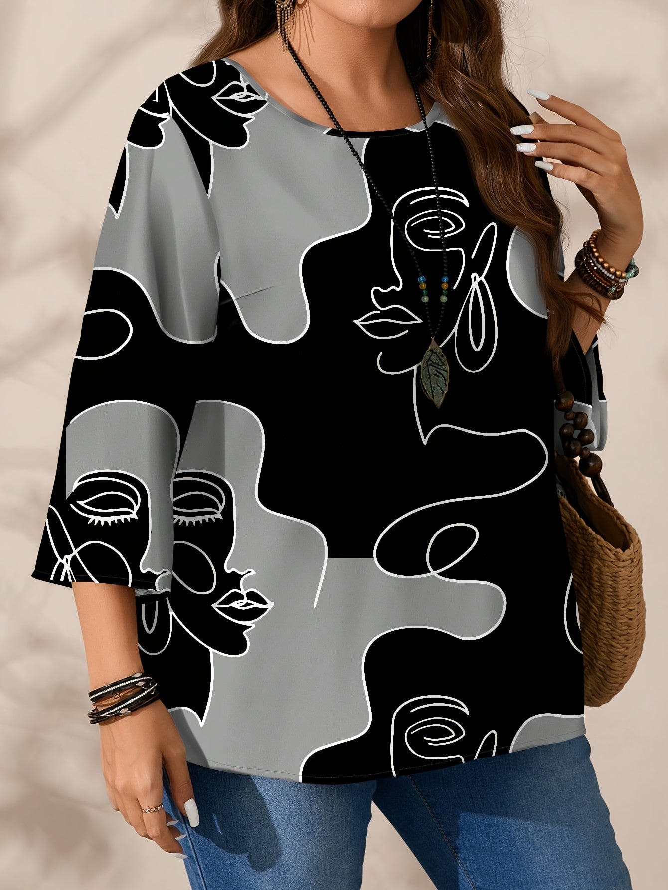 Plus Size Women's Abstract Face Pattern Short Sleeve Blouse Lightweight Summer Wear